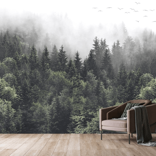 Vintage Foggy Mountain Scenery Self-Adhesive Wall Mural