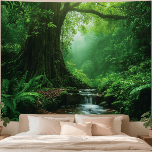 Green Forest Tree Cave Wall Tapestry – Nature Landscape Mural Backdrop