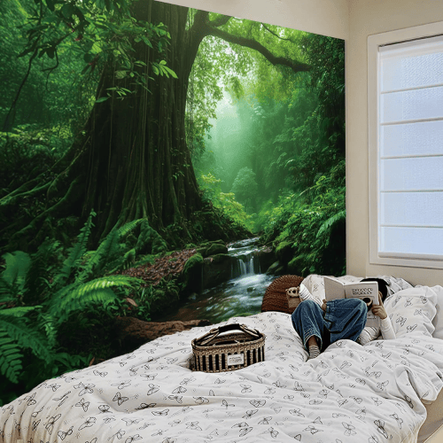 Green Forest Tree Cave Wall Tapestry – Nature Landscape Mural Backdrop