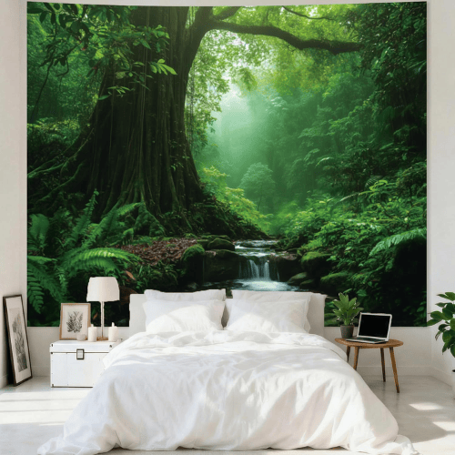 Green Forest Tree Cave Wall Tapestry – Nature Landscape Mural Backdrop