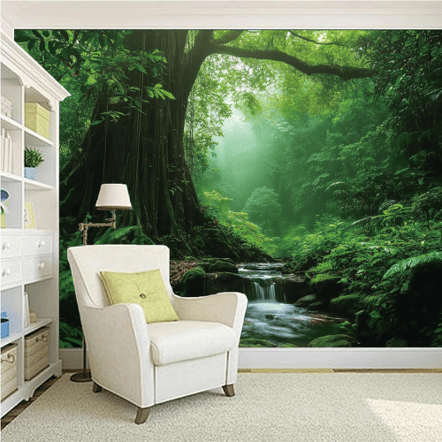 Green Forest Tree Cave Wall Tapestry – Nature Landscape Mural Backdrop