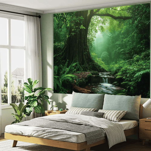 Green Forest Tree Cave Wall Tapestry – Nature Landscape Mural Backdrop