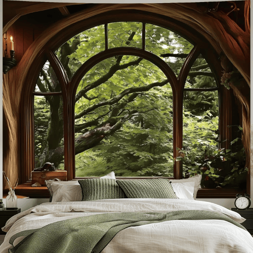 Green Forest Tree Cave Wall Tapestry – Nature Landscape Mural Backdrop