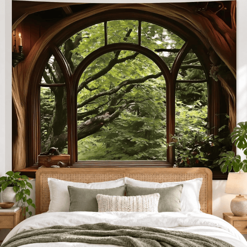 Green Forest Tree Cave Wall Tapestry – Nature Landscape Mural Backdrop