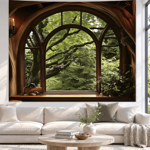 Green Forest Tree Cave Wall Tapestry – Nature Landscape Mural Backdrop