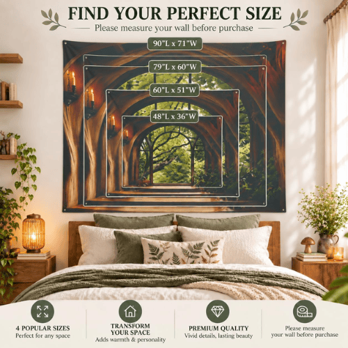 Green Forest Tree Cave Wall Tapestry – Nature Landscape Mural Backdrop