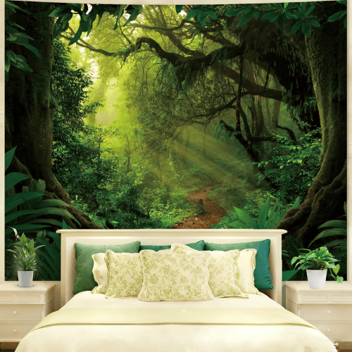 Green Forest Tree Cave Wall Tapestry – Nature Landscape Mural Backdrop