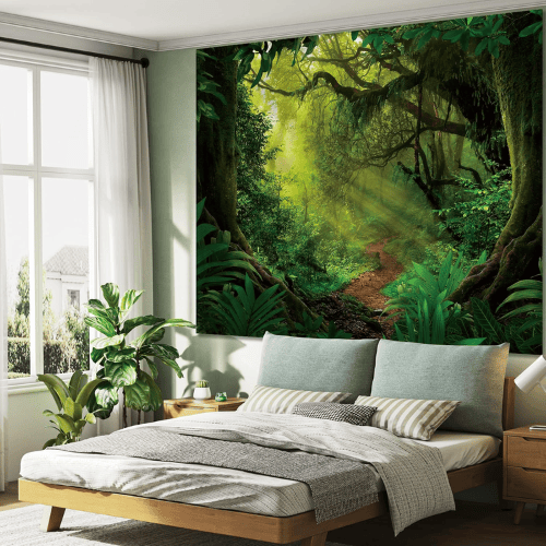 Green Forest Tree Cave Wall Tapestry – Nature Landscape Mural Backdrop