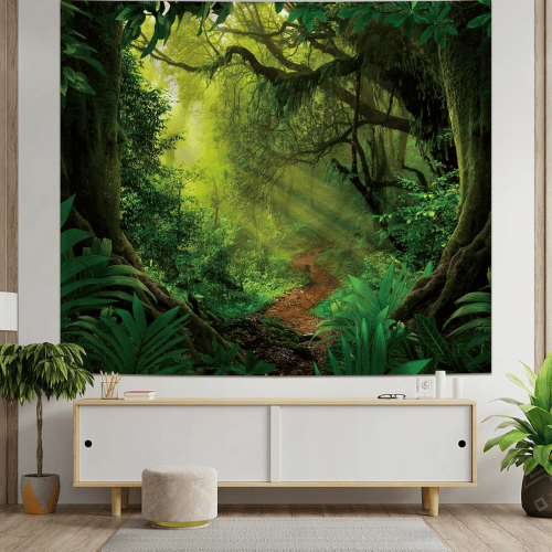 Green Forest Tree Cave Wall Tapestry – Nature Landscape Mural Backdrop
